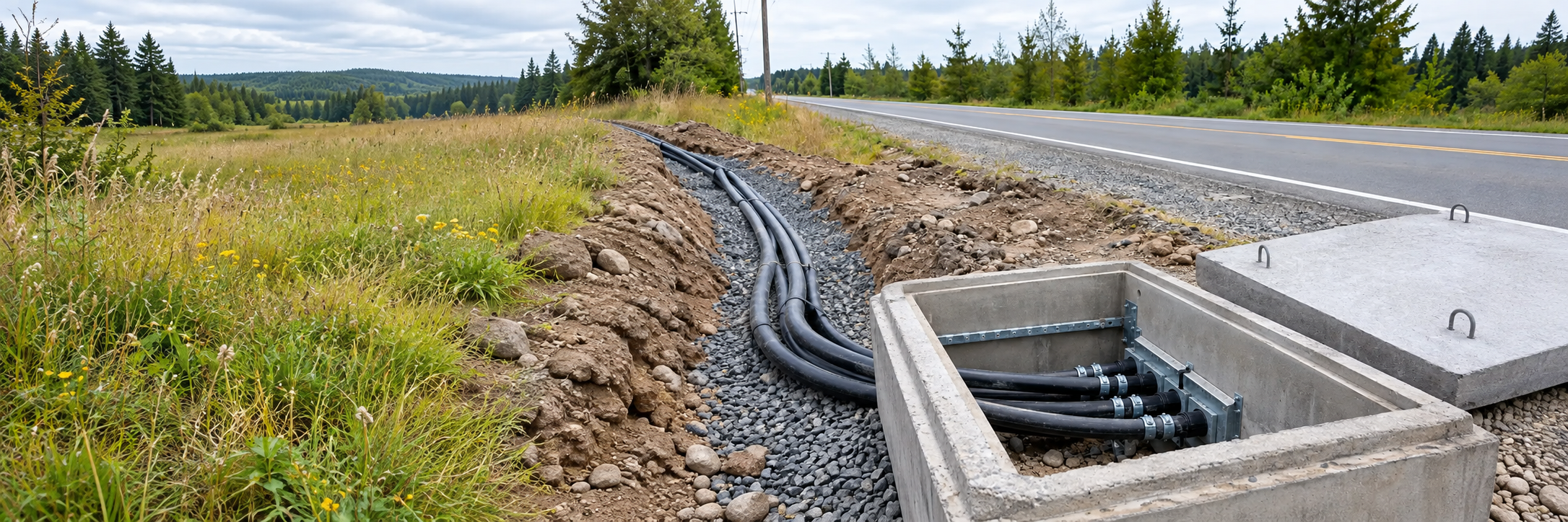 Ground-level view of black telecom conduit entering an open concrete telecommunications handhole beside a rural road, no workers in trench