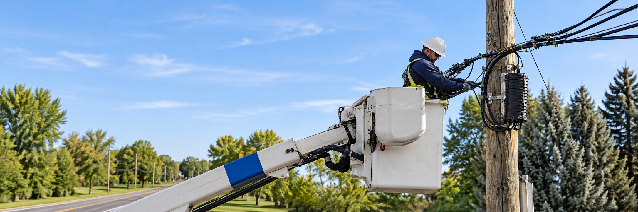 Telecommunications bucket truck with technician wearing helmet in raised bucket working on telecom cable on a wooden utility pole with no power lines, daytime