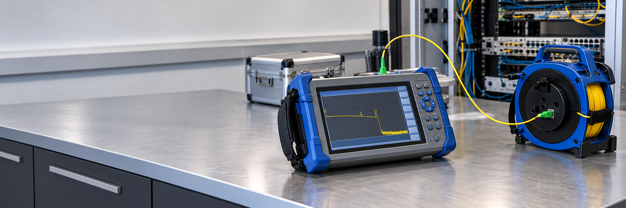 Portable optical fiber OTDR test instrument connected to a launch fiber reel on a clean workbench