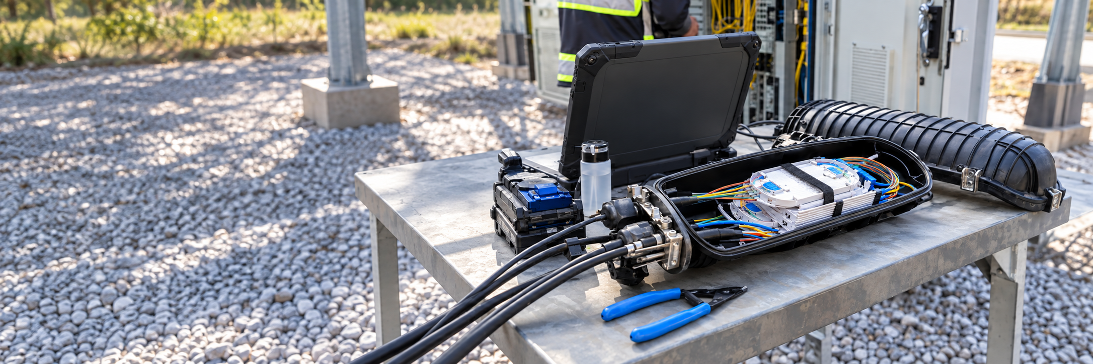 Open fiber splice closure with neatly managed color-coded fibers and splice trays beside a rugged laptop on a field workbench