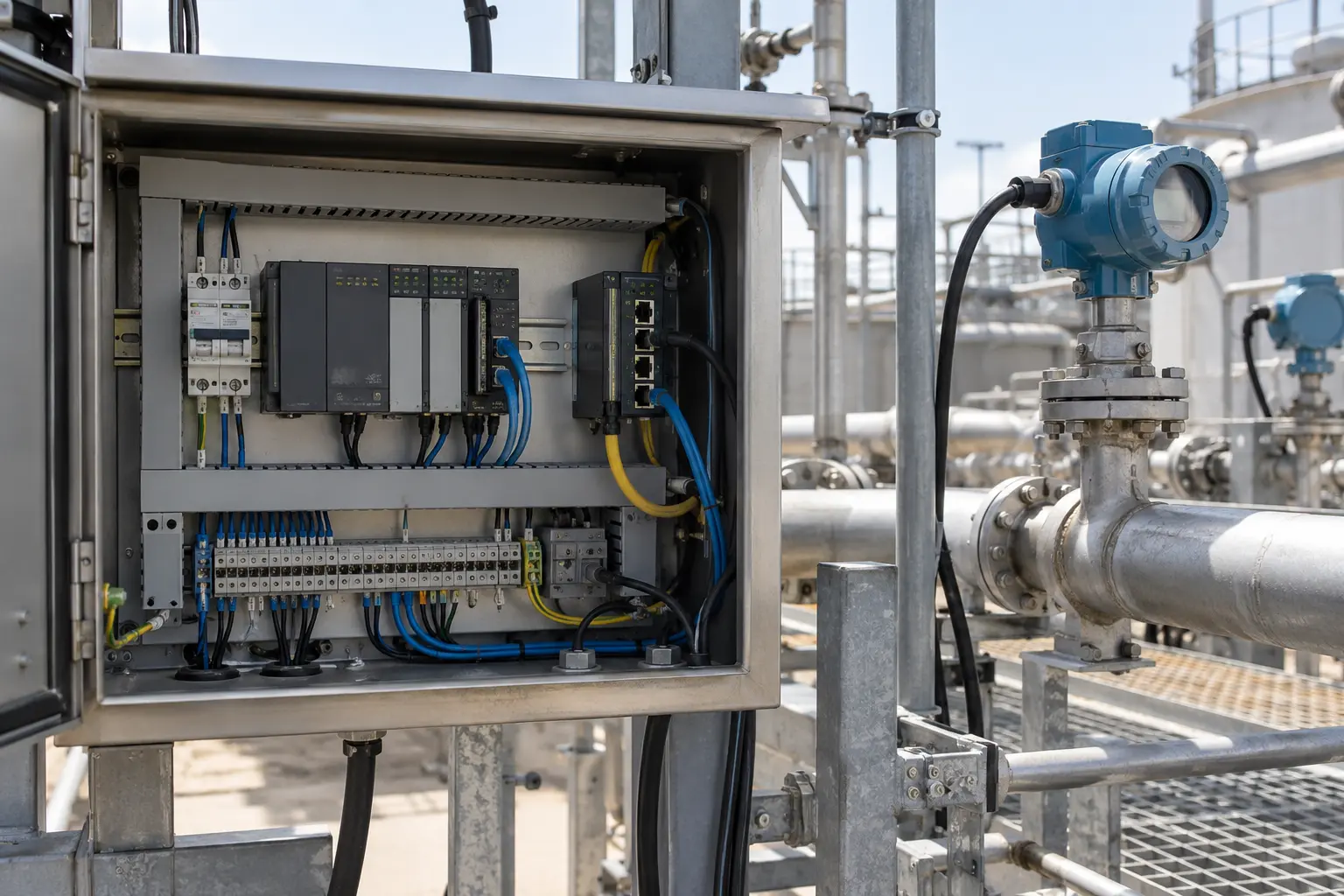 Remote industrial telemetry cabinet with compact PLC and Ethernet switch near pipes and field instruments, daylight