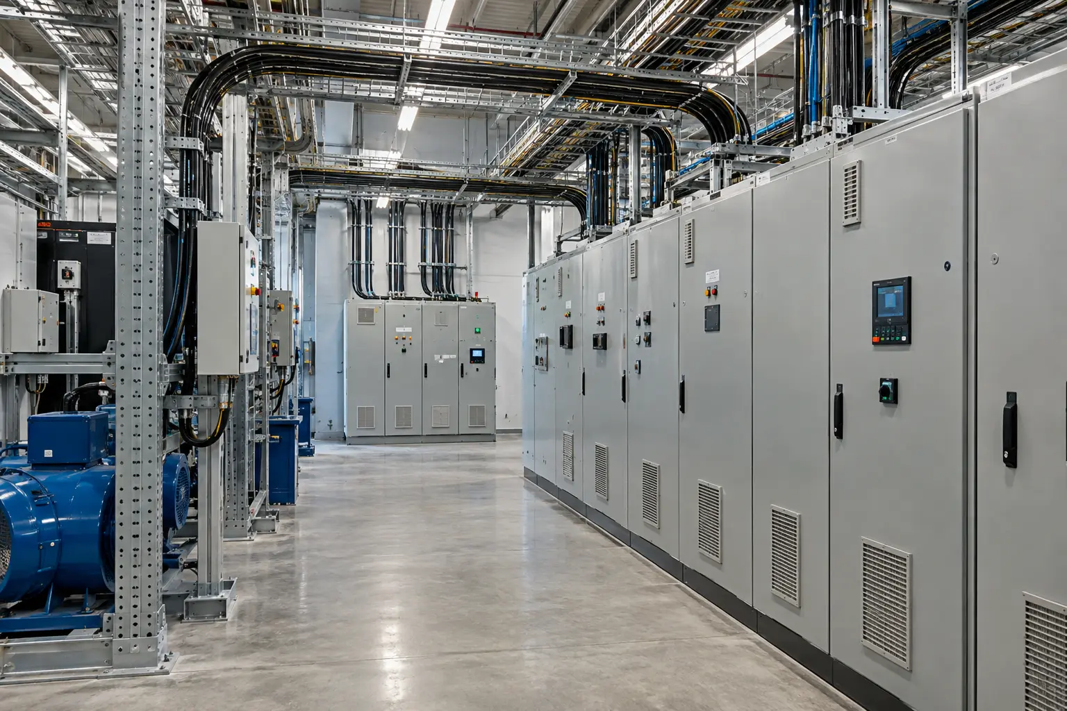 Wide industrial equipment room with orderly control cabinets and neatly organized overhead cable trays