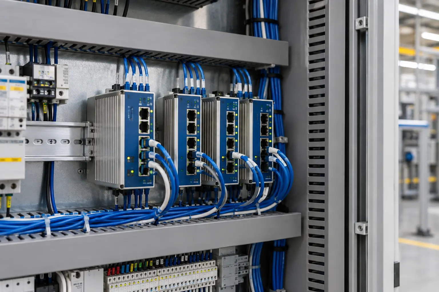 Industrial control cabinet with organized DIN rail Ethernet switches at a clean industrial facility