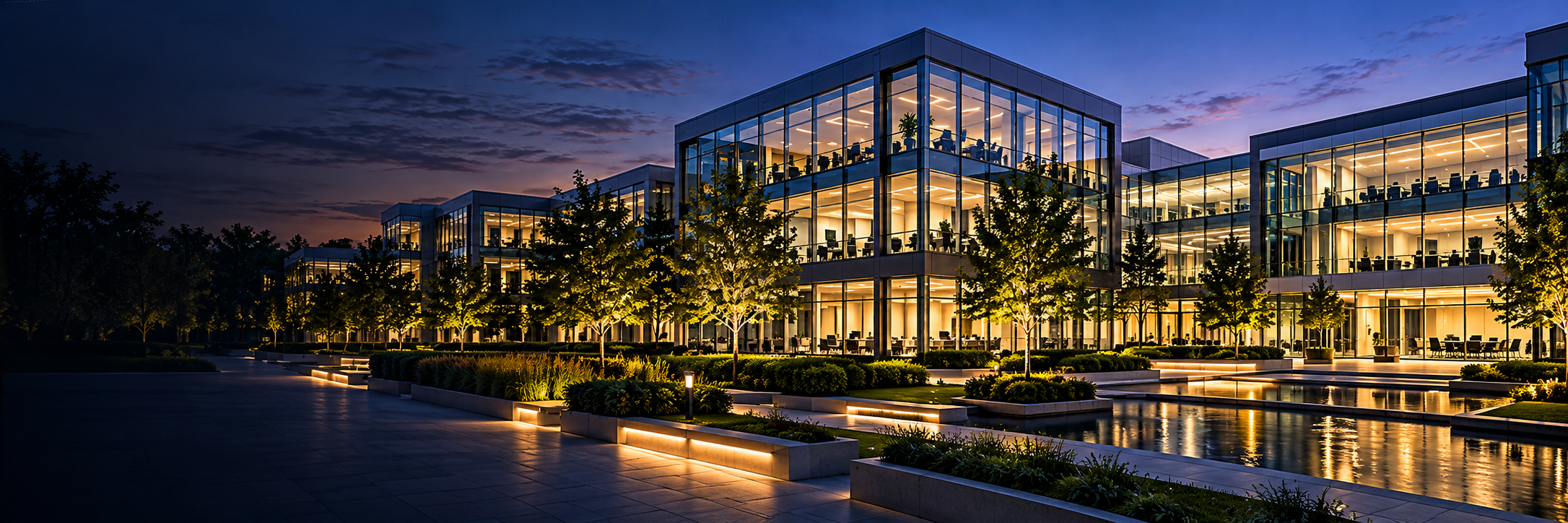 Modern commercial enterprise campus at dusk