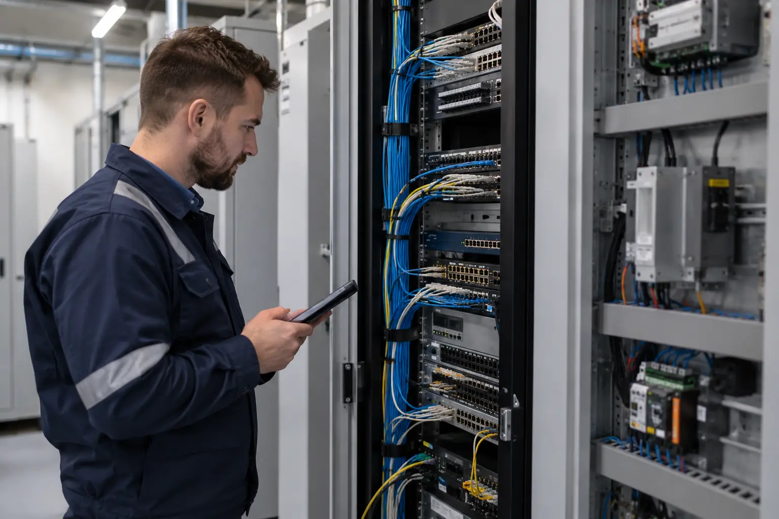Engineer with tablet beside enterprise rack and industrial cabinet surveying communications equipment, screen not visible