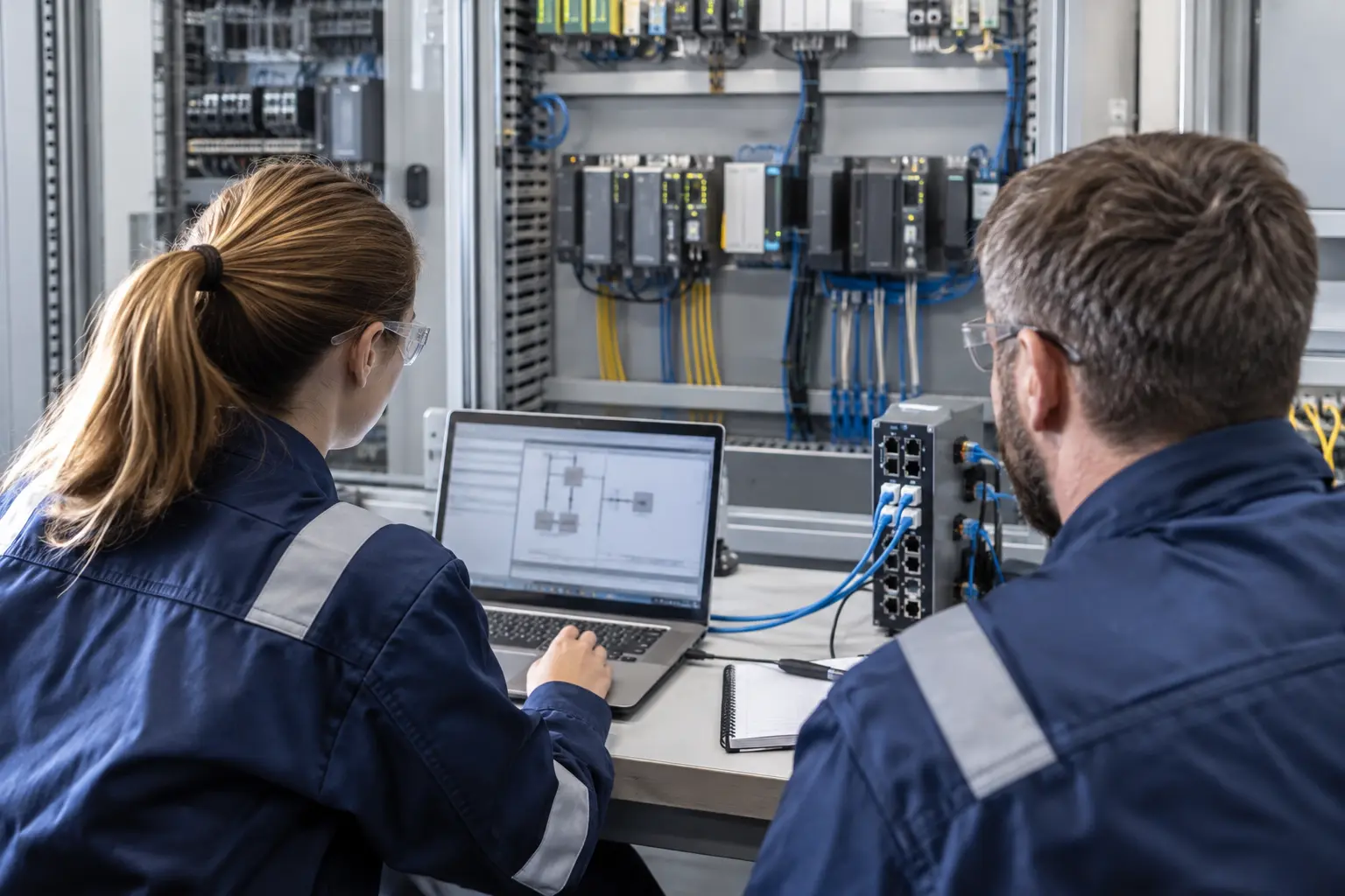 Two engineers seen from behind at industrial network commissioning desk with laptop and neatly organized equipment, no readable text