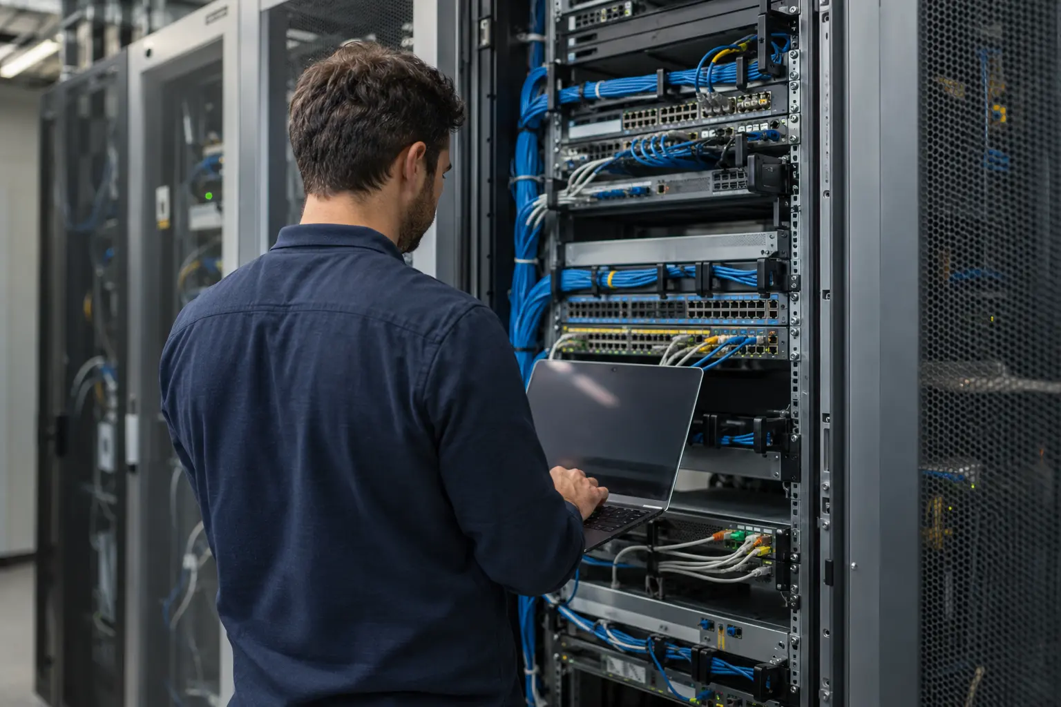 Network engineer viewed from behind using a laptop at an open network rack with neatly arranged cabling, no visible screen text