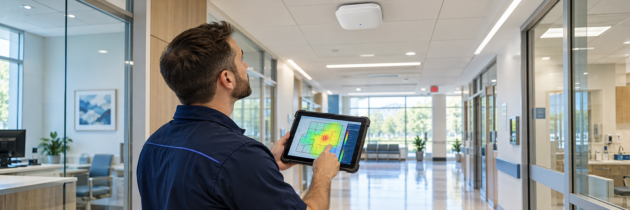 Network engineer conducting a wireless coverage survey with a tablet beneath a ceiling-mounted access point in a modern commercial facility