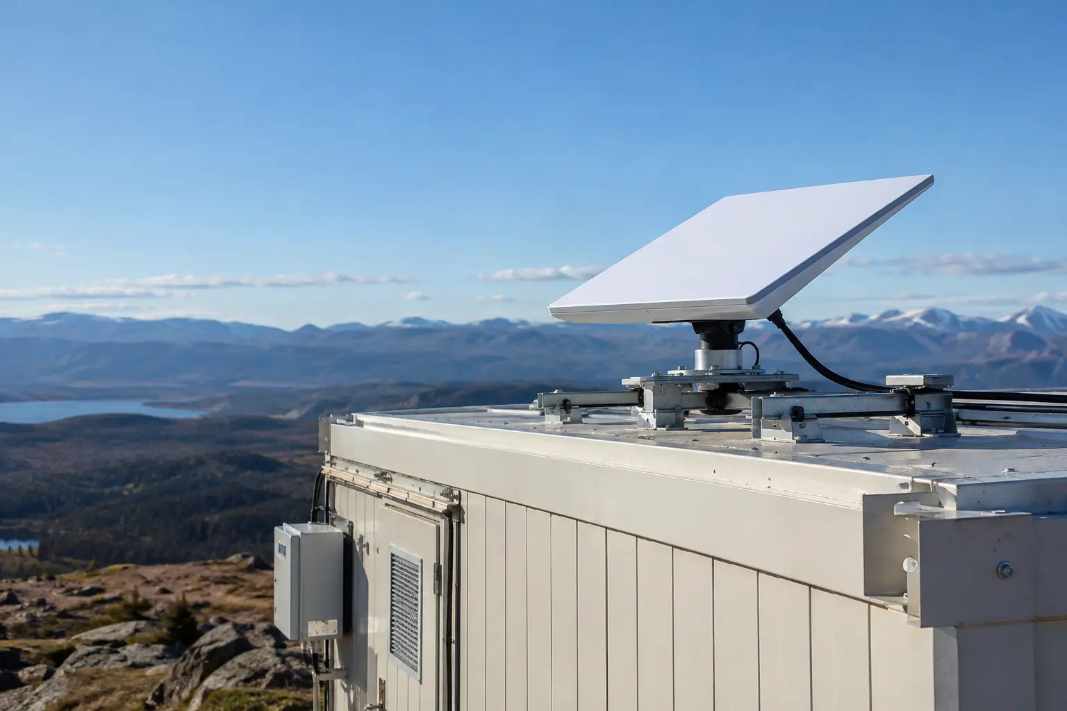 Compact flat rectangular satellite internet terminal on secure roof mount at a remote site equipment shelter, open sky