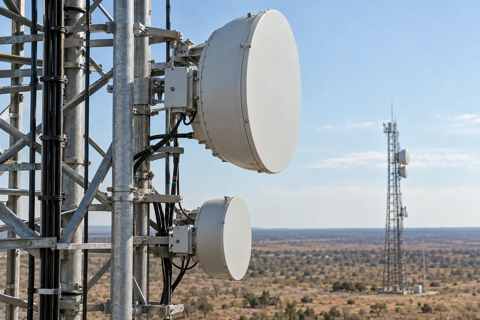 Directional microwave dish antennas on telecom mast with another remote mast visible across dry flat landscape
