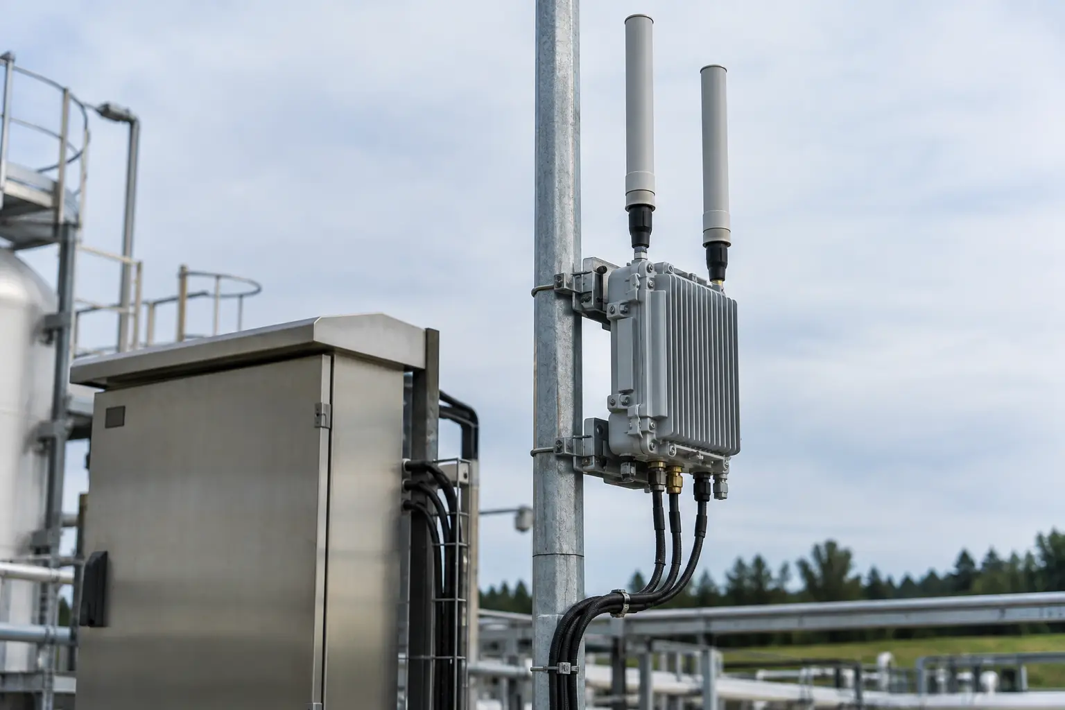 Weatherproof industrial wireless mesh radio with vertical antennas mounted on pole beside an industrial telemetry cabinet