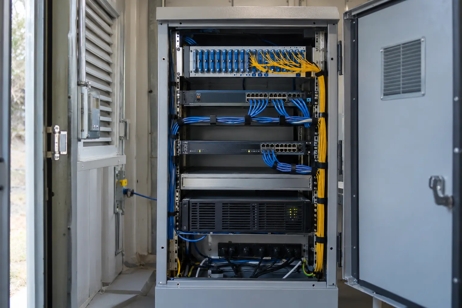 Compact remote communications cabinet with router switch fiber panel and tidy separate cable paths inside small equipment shelter